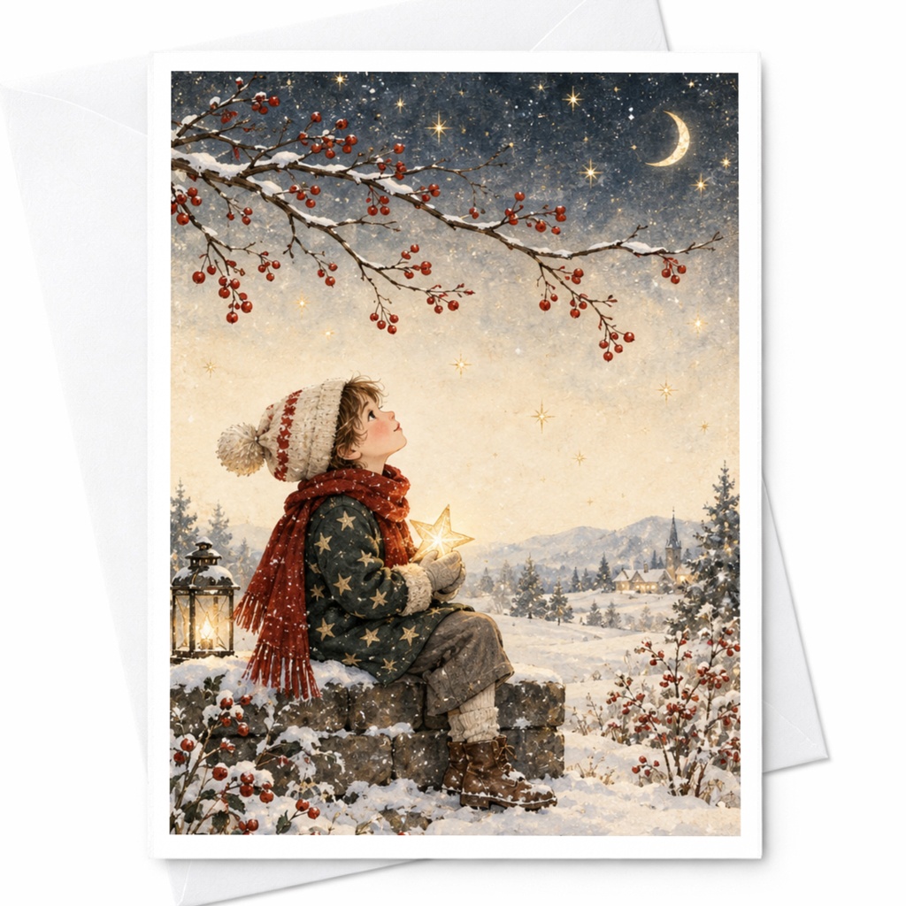 Winter Night Child Christmas Card Cute Holiday Greeting Card Starry Sky Illustration For Kids Family Seasonal Card C8585
