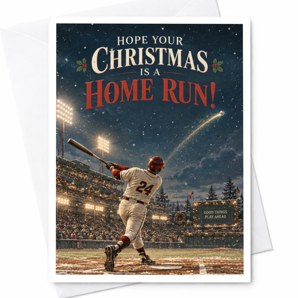 Hope Your Christmas Is A Home Run! Baseball Christmas Card Sports Fan Holiday Greeting Card For Him Festive Winter Scene C8525