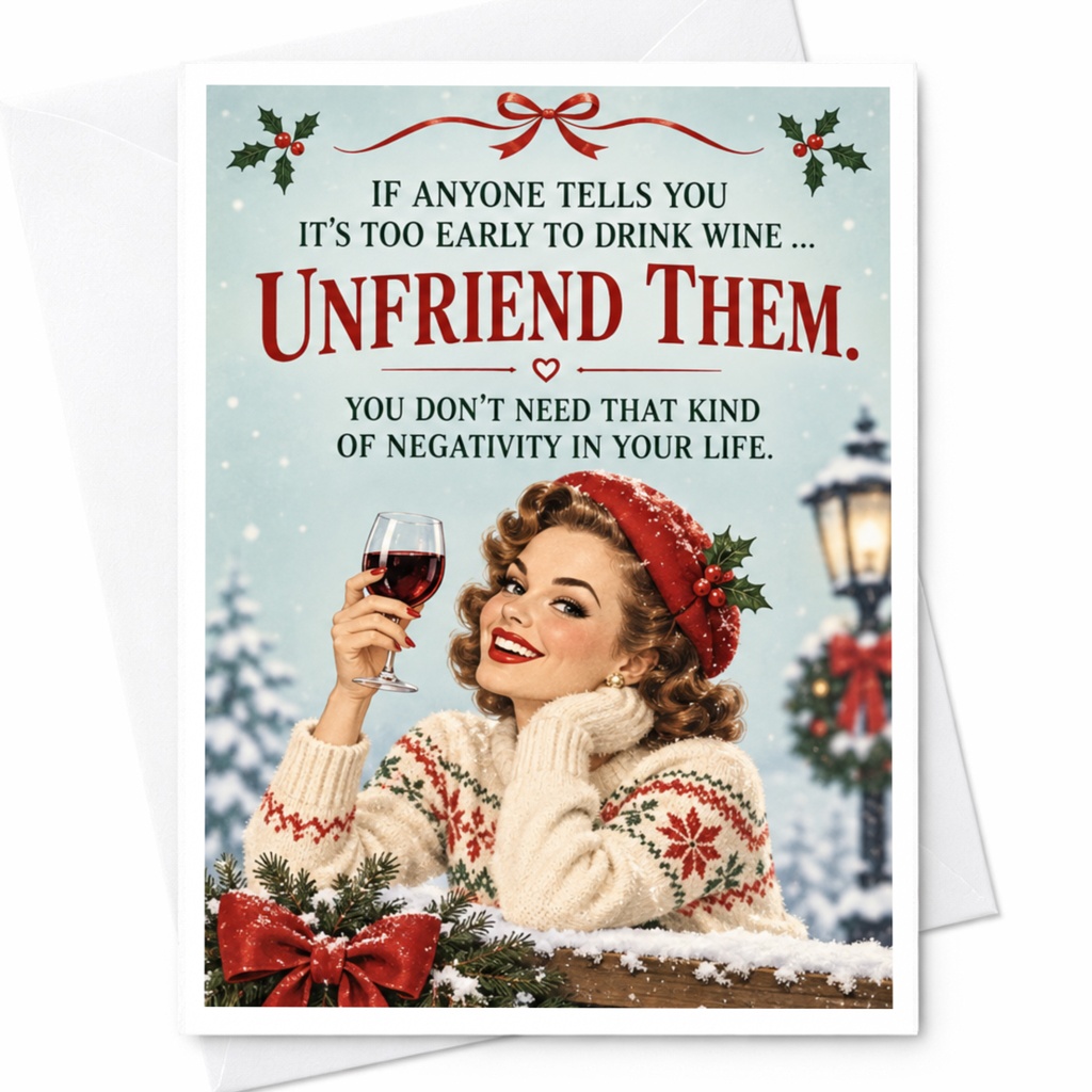 If Anyone Tells You It’s Too Early To Drink Wine ... Unfriend Them. Christmas Card Funny Holiday Greeting Card Wine Lover C8591