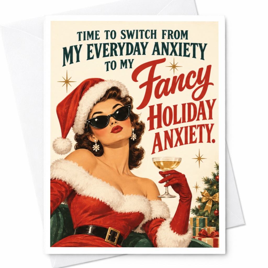 Time To Switch From My Everyday Anxiety To My Fancy Holiday Anxiety Christmas Card Funny Retro Holiday Greeting Card C8529
