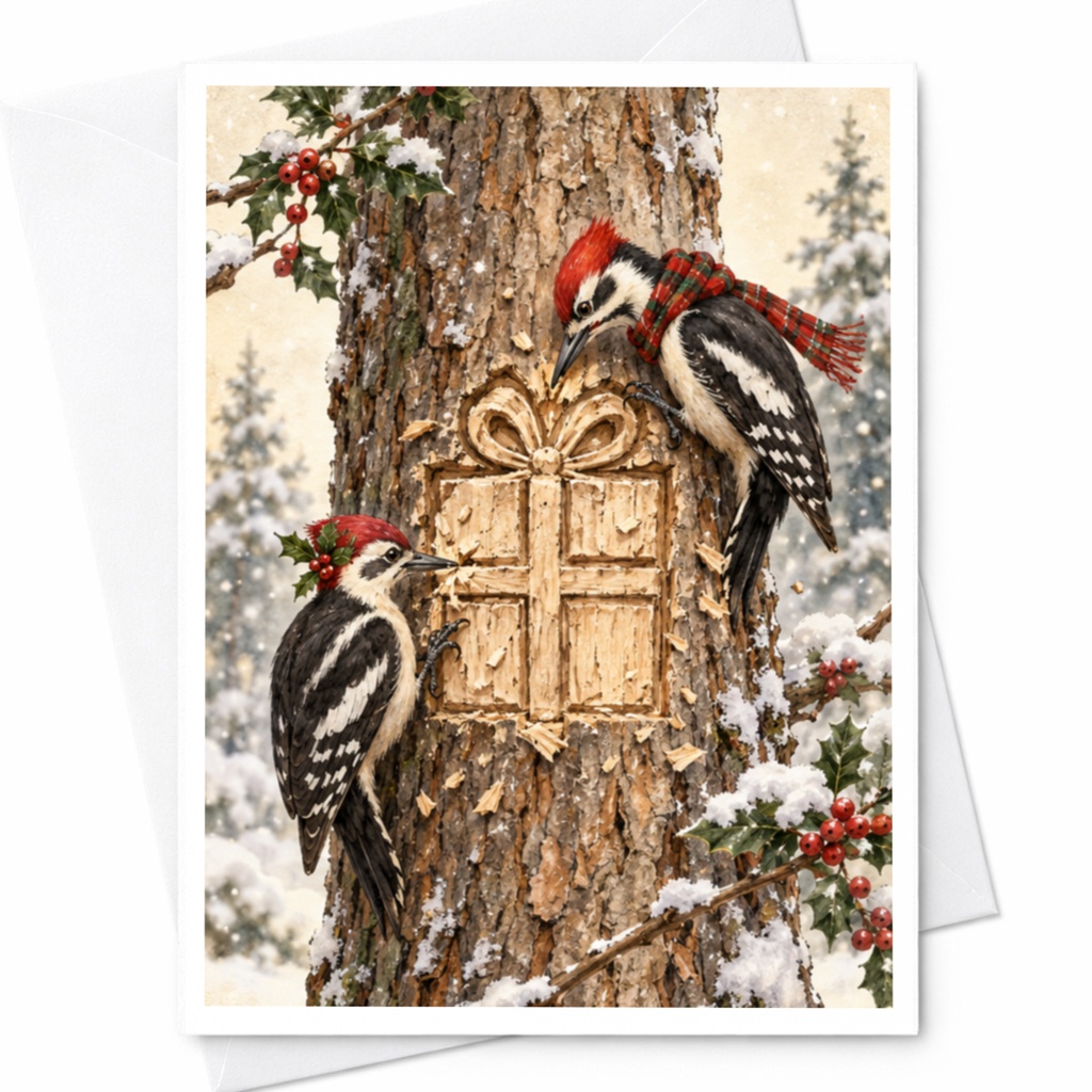 Woodpecker Christmas Card Nature Holiday Greeting Card Winter Birds Festive Woodland Scene For Bird Lover Cute Animal Card C8593