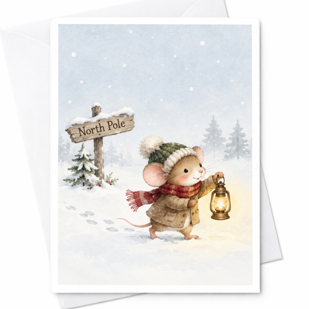 North Pole Christmas Card Cute Mouse Lantern Winter Scene Holiday Greeting Card For Kids Family Festive Snowy Illustration C8595