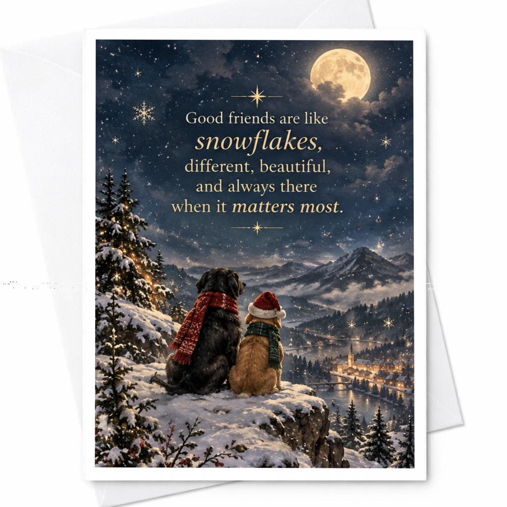 Good Friends Are Like Snowflakes Friendship Card Winter Scene Dogs Beautiful Different Always There Greeting Card C8534
