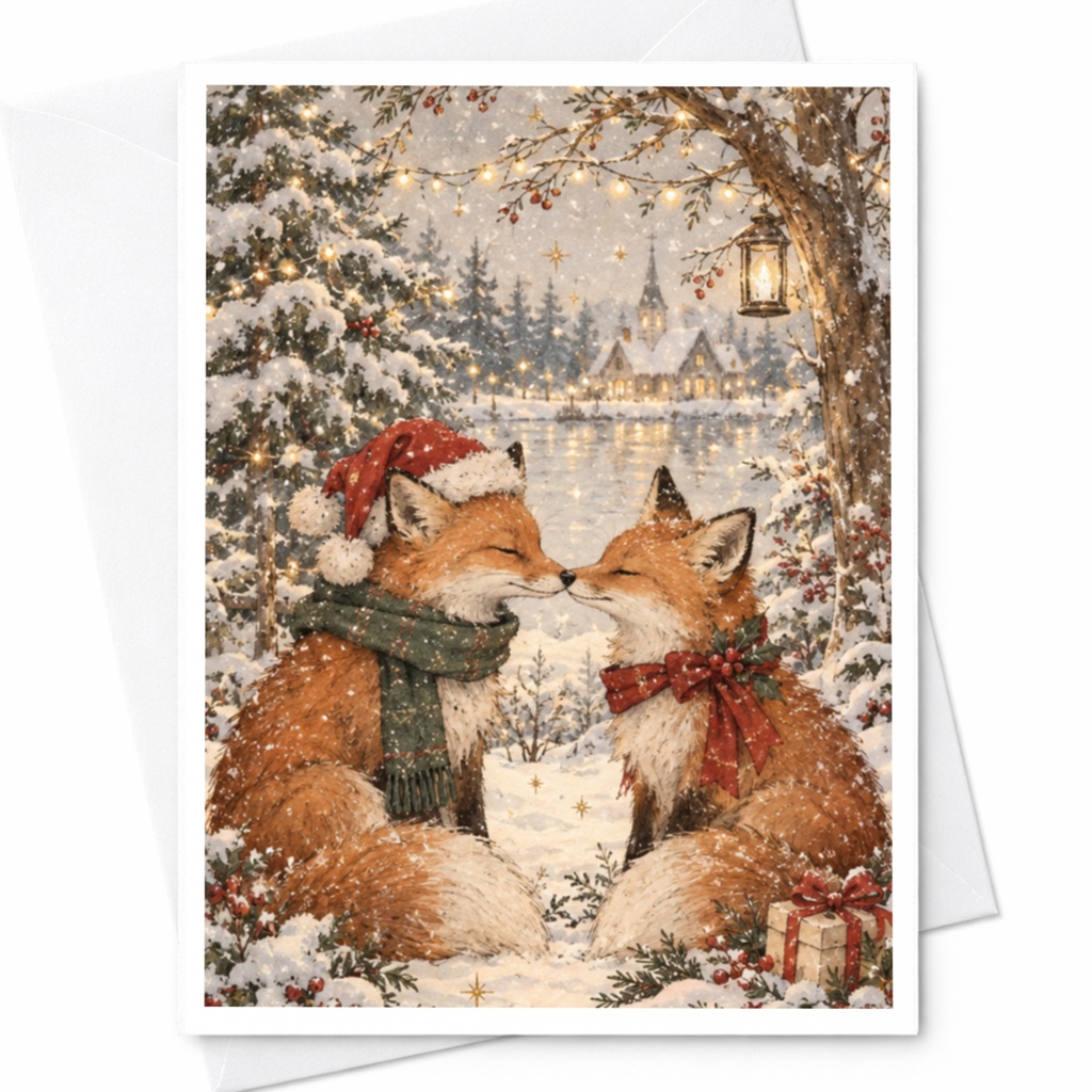 Fox Couple Christmas Card Winter Scene Cute Holiday Greeting Card For Animal Lover Romantic Snowy Forest Illustration C8536