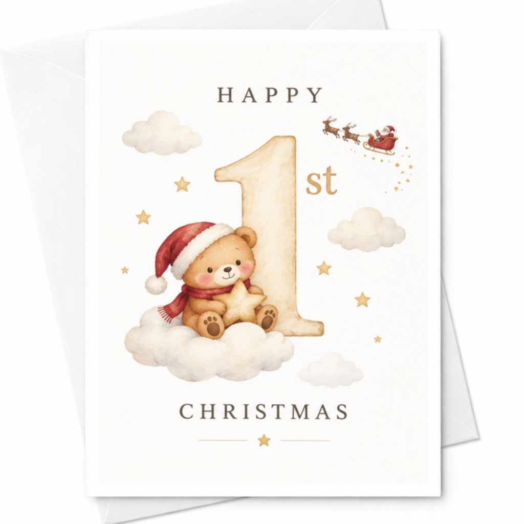 Happy 1st Christmas Cute Teddy Bear Card Baby's First Christmas Card Adorable Holiday Greeting Card For New Parents C8604