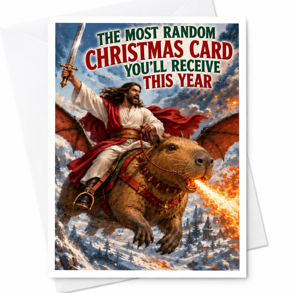 The Most Random Christmas Card You'll Receive This Year Funny Christmas Card Fantasy Capybara Sword Unique Holiday Greeting C8545
