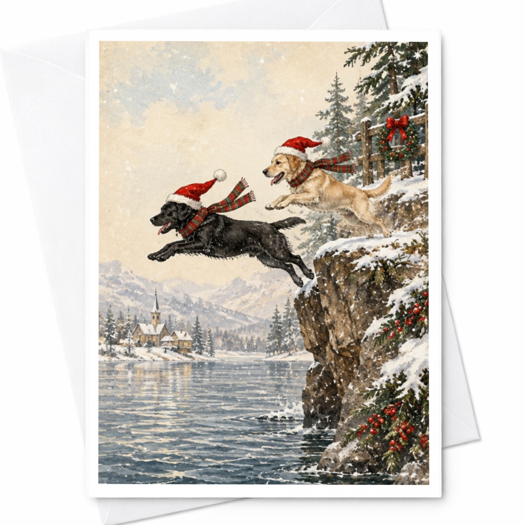 Christmas Card With Dogs In Santa Hats Winter Scene Holiday Greeting Card For Dog Lovers Cute Festive Animal Card C8607