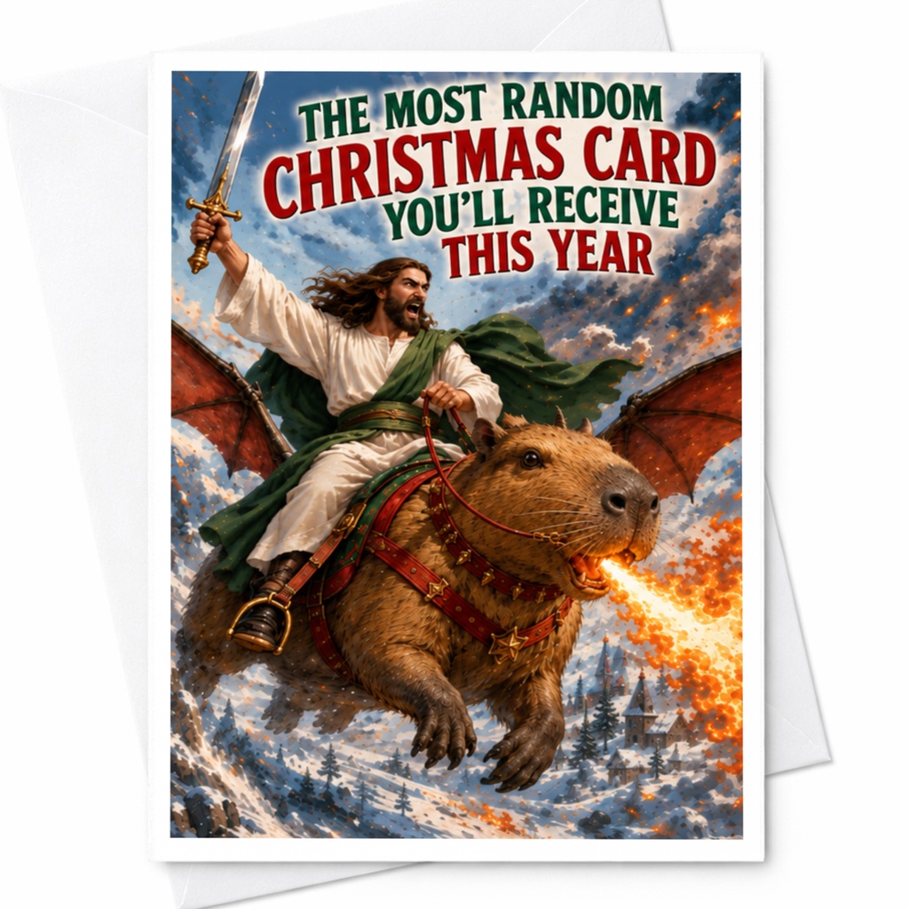 The Most Random Christmas Card You'll Receive This Year Funny Christmas Card Fantasy Capybara Sword Unique Holiday Greeting C8546