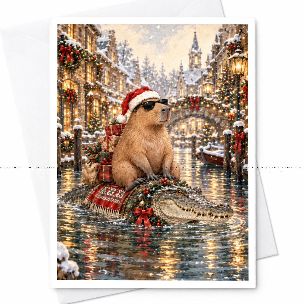 Capybara Christmas Card Cute Animal Holiday Greeting Card Festive Crocodile Scene For Animal Lover Funny Winter Card C8609