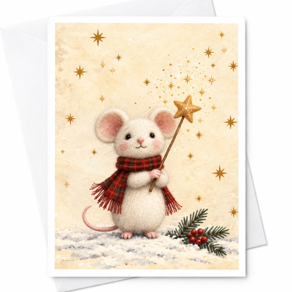 Cute Mouse Christmas Card Adorable Holiday Greeting Card For Kids Animal Lover Festive Winter Card With Star Wand C8614
