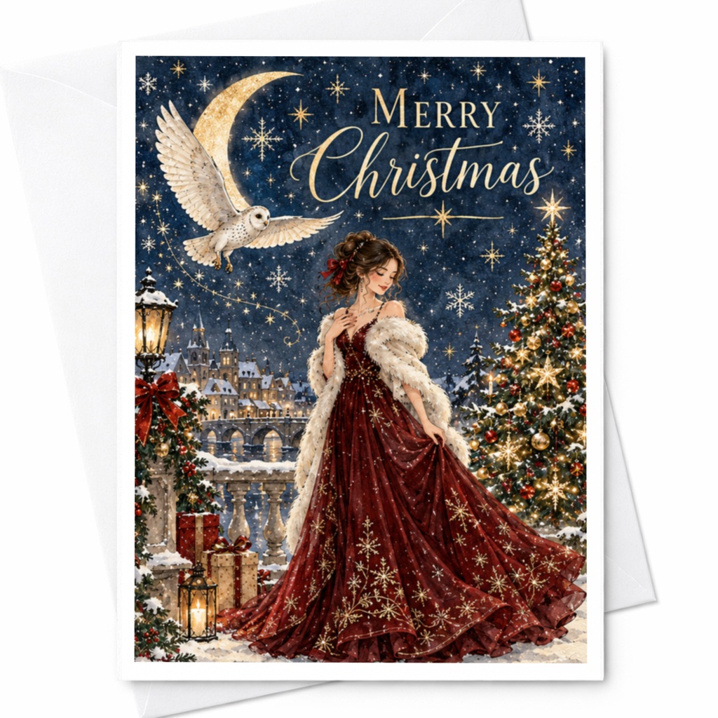 Merry Christmas Elegant Christmas Card Woman In Red Dress With Owl Holiday Greeting Card Festive Winter Scene C8555