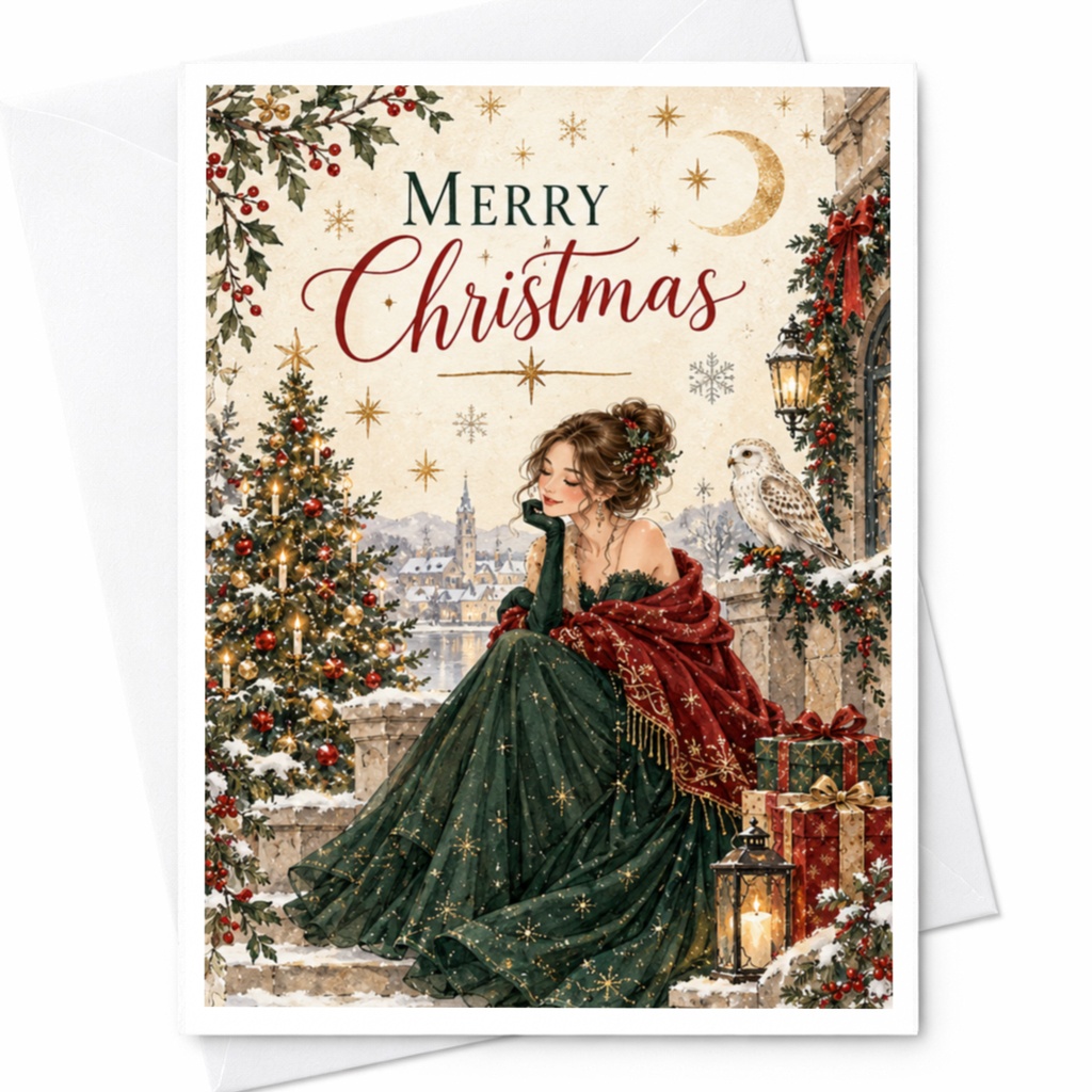 Merry Christmas Elegant Christmas Card Festive Holiday Greeting Card Winter Scene With Woman Owl Christmas Tree C8556