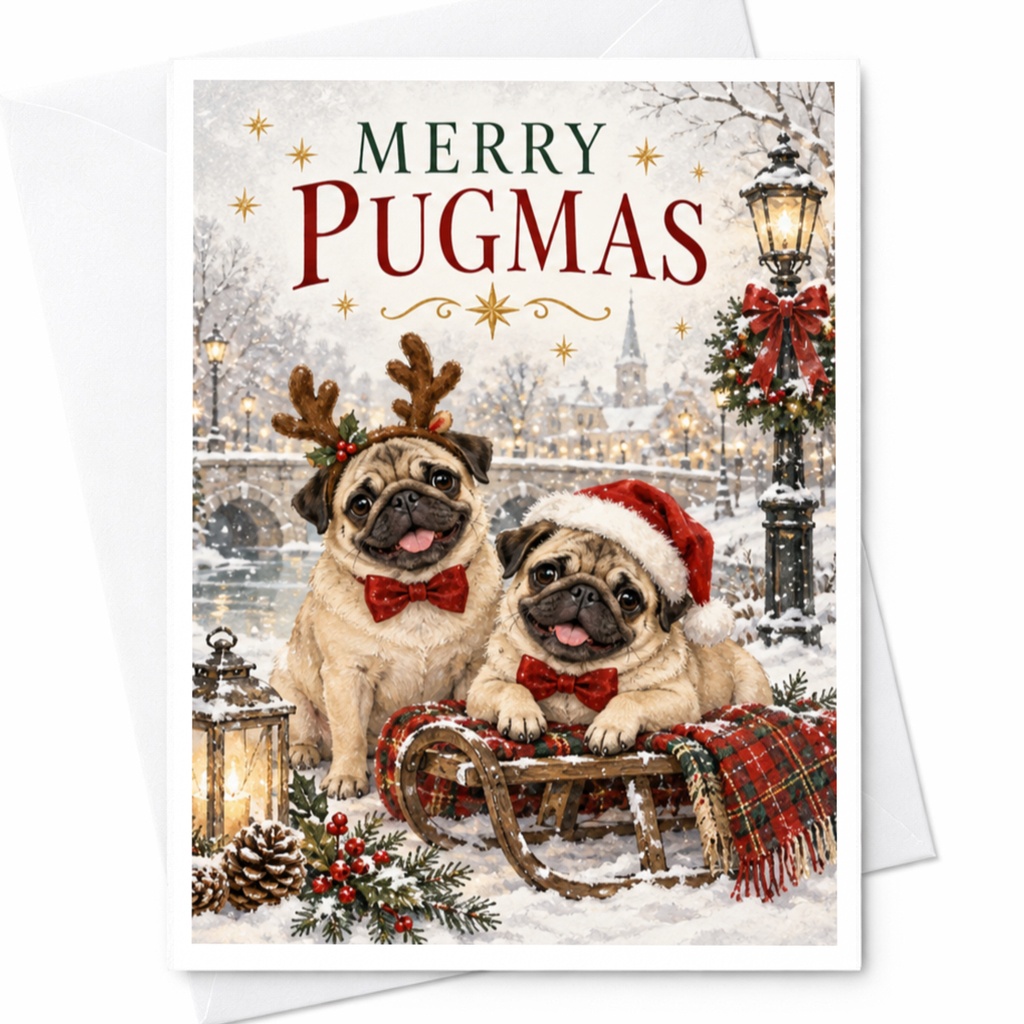 Merry Pugmas Christmas Card Cute Pug Holiday Greeting Card Adorable Dog Lover Xmas Card Festive Winter Scene C8567