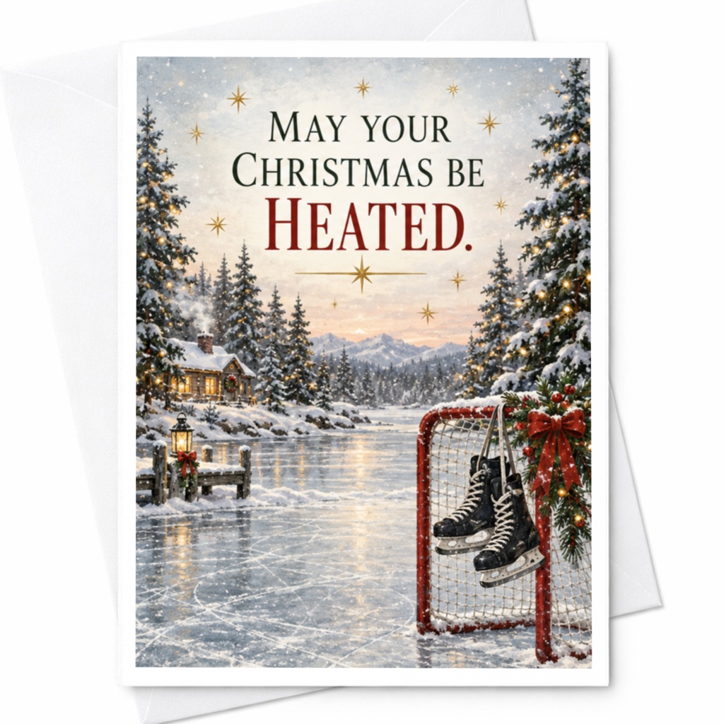 May Your Christmas Be Heated Funny Christmas Card Winter Scene Ice Skates Hockey Net Holiday Greeting Card For Him Her C8569