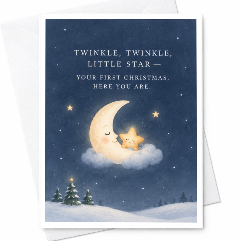 Twinkle, Twinkle, Little Star — Your First Christmas, Here You Are. Cute Baby's First Christmas Card Moon Star Illustration C8575