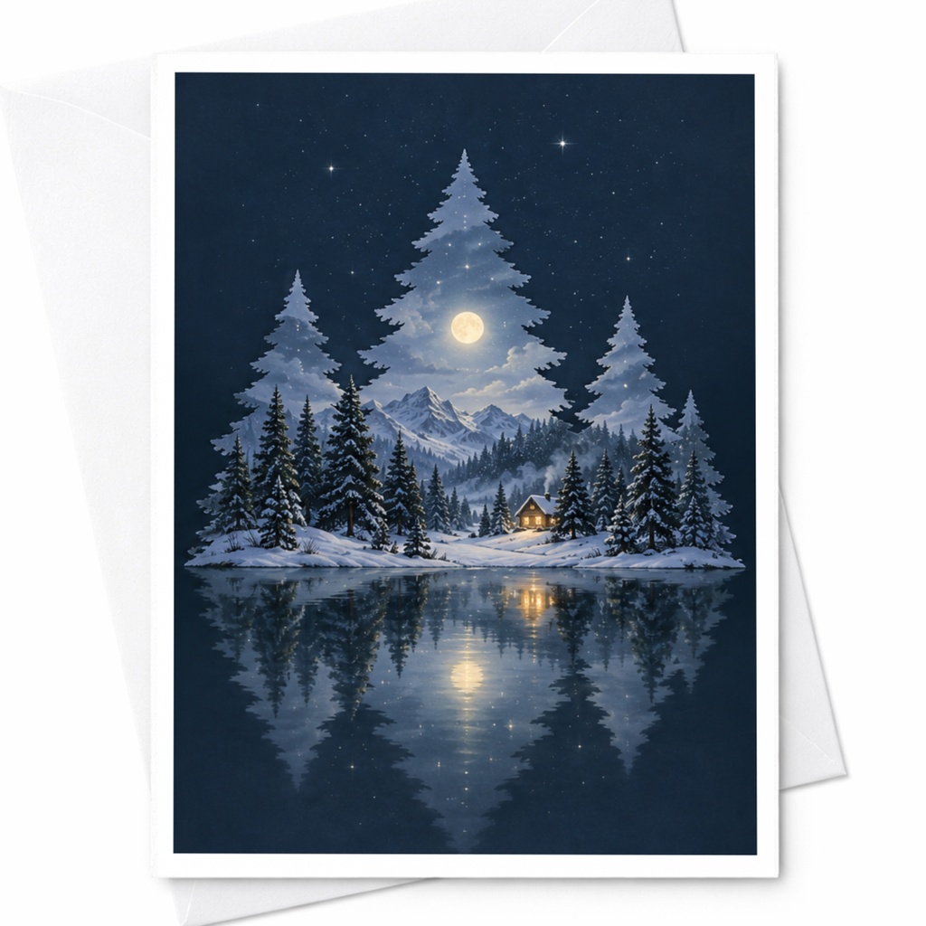 Winter Wonderland Christmas Card Moonlit Snowy Trees Holiday Greeting Card For Nature Lover Cozy Cabin Scene C8579