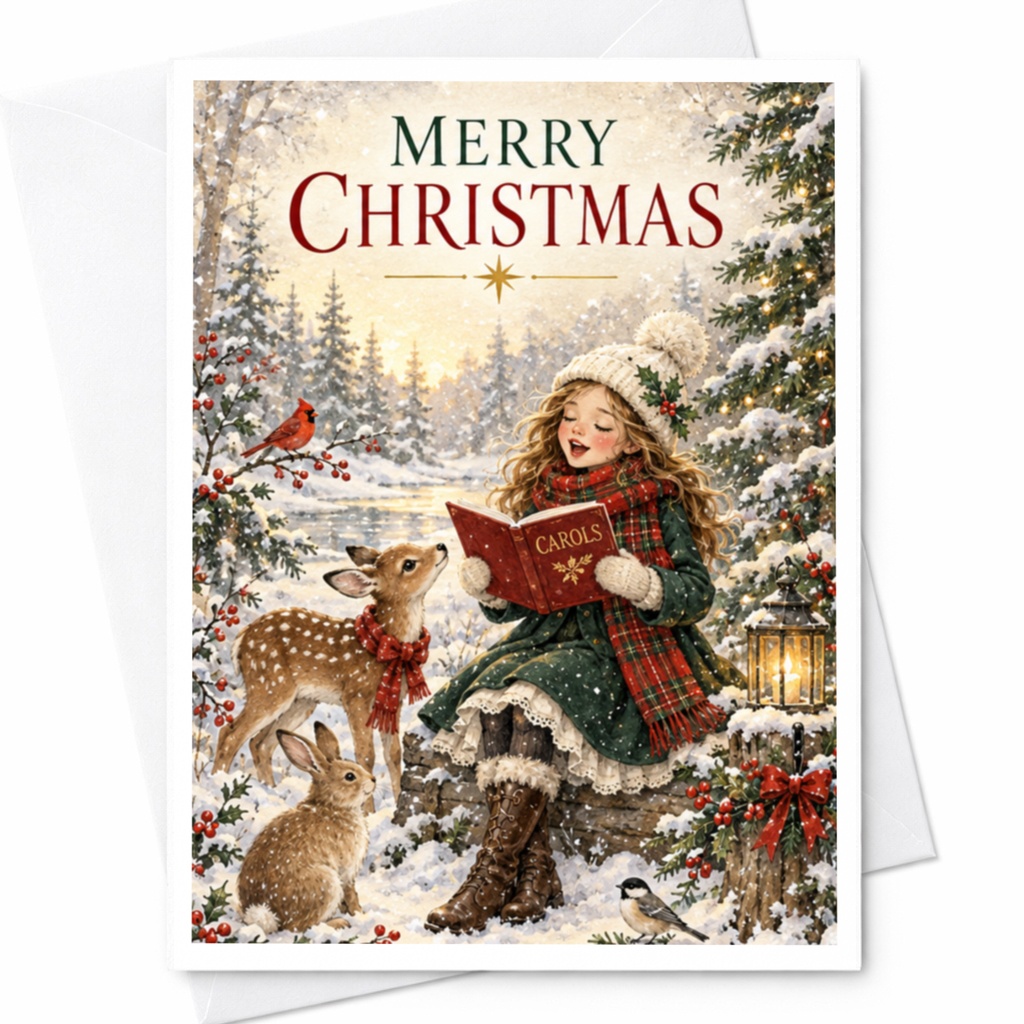 Merry Christmas Festive Christmas Card Girl Singing Carols With Animals Holiday Greeting Card Winter Scene For Family C8583
