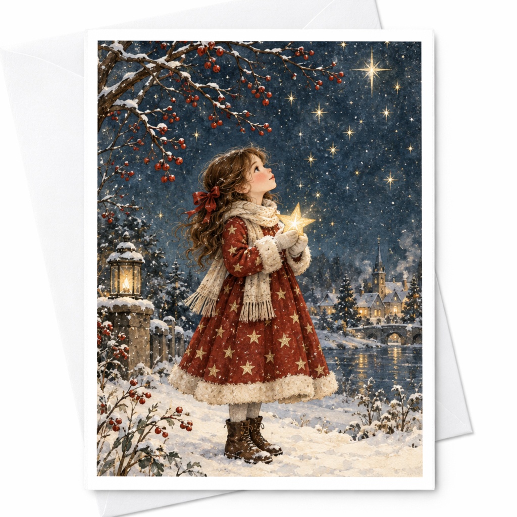 Christmas Card Girl Holding Star Winter Scene Holiday Greeting Card For Her Festive Snowy Night Illustration Cute Seasonal Card C8584