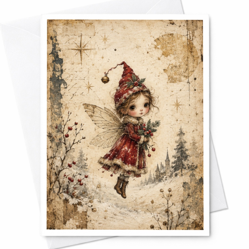 Vintage Fairy Christmas Card Winter Scene Greeting Card For Her Cute Holiday Card Fairy Tale Art Whimsical Christmas Card C8586