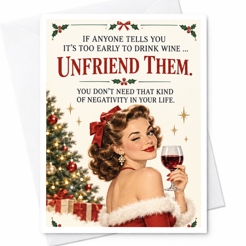If Anyone Tells You It's Too Early To Drink Wine ... Unfriend Them Christmas Card Funny Holiday Greeting Card Wine Lover C8590