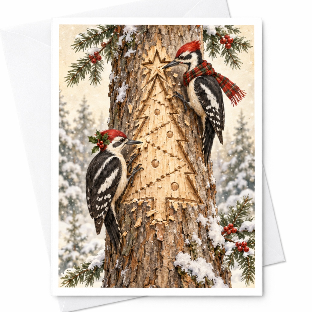 Woodpecker Christmas Card Nature Holiday Greeting Card Winter Birds Festive Tree For Bird Lover Woodland Scene C8592