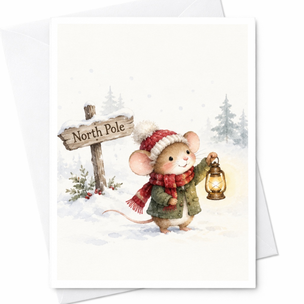 North Pole Christmas Card Cute Mouse With Lantern Winter Scene Holiday Greeting Card For Kids Family Festive Snowy C8594