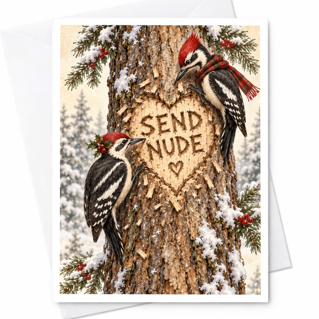 Send Nude Funny Greeting Card Woodpeckers Heart Carving Love Card For Him Her Cute Animal Card C8598