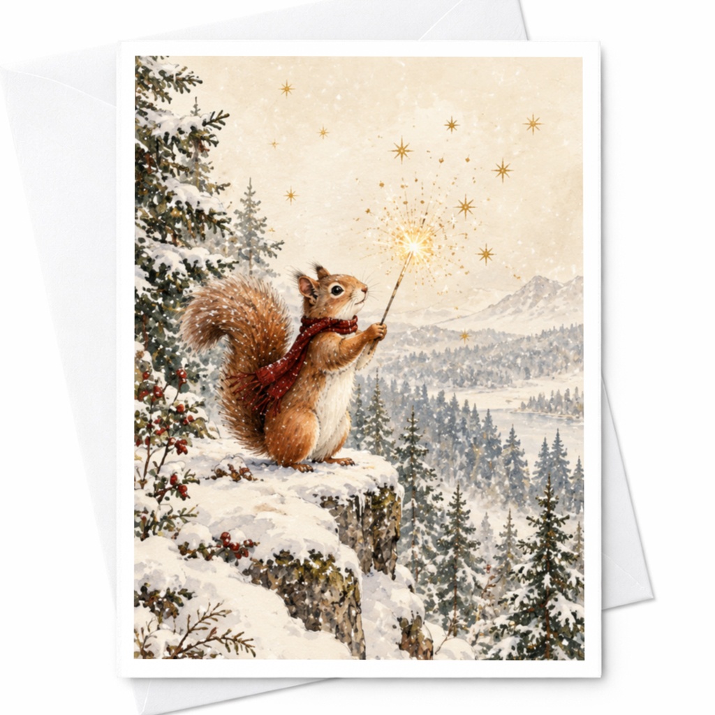 Squirrel With Sparkler Christmas Card Winter Wonderland Greeting Card Cute Animal Holiday Card For Nature Lover Festive Scene C8602