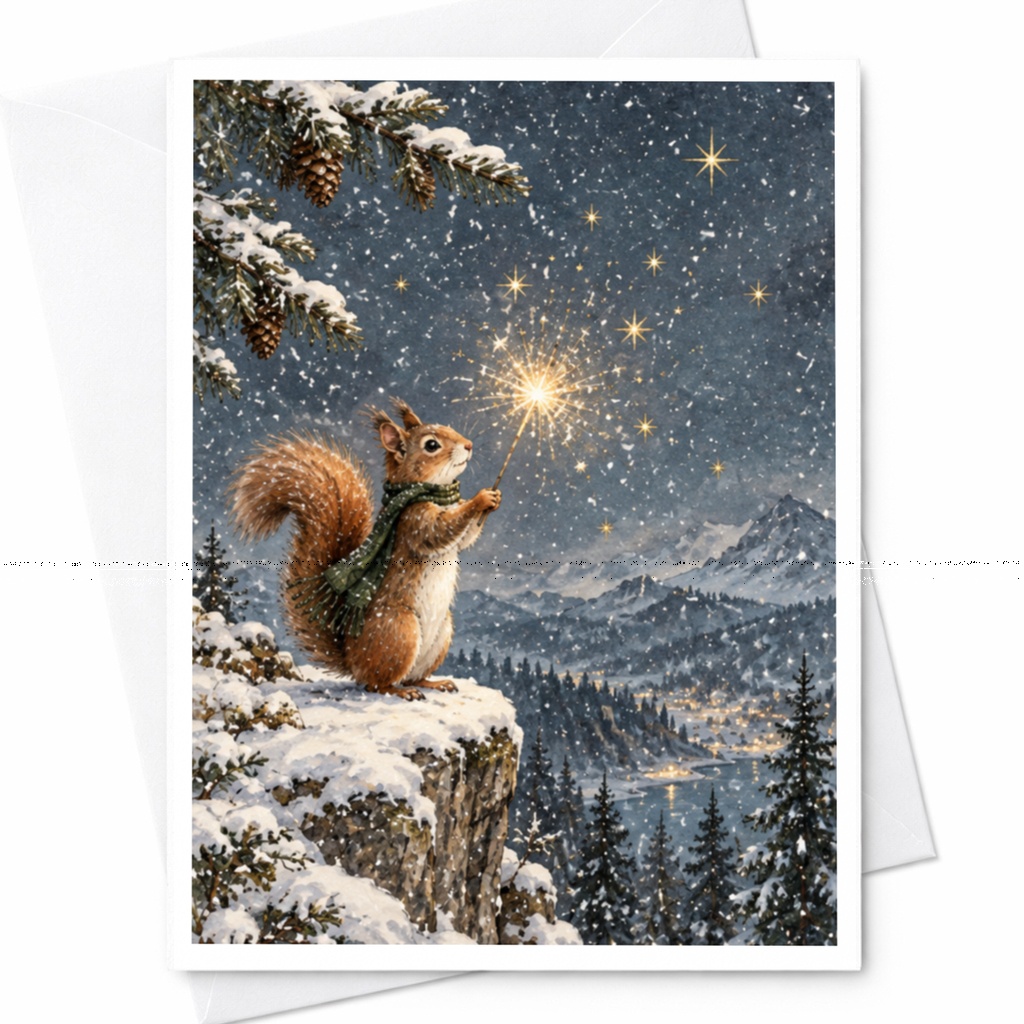 Squirrel With Sparkler Christmas Card Winter Wonderland Greeting Card Cute Animal Holiday Card For Nature Lover Festive Scene C8603