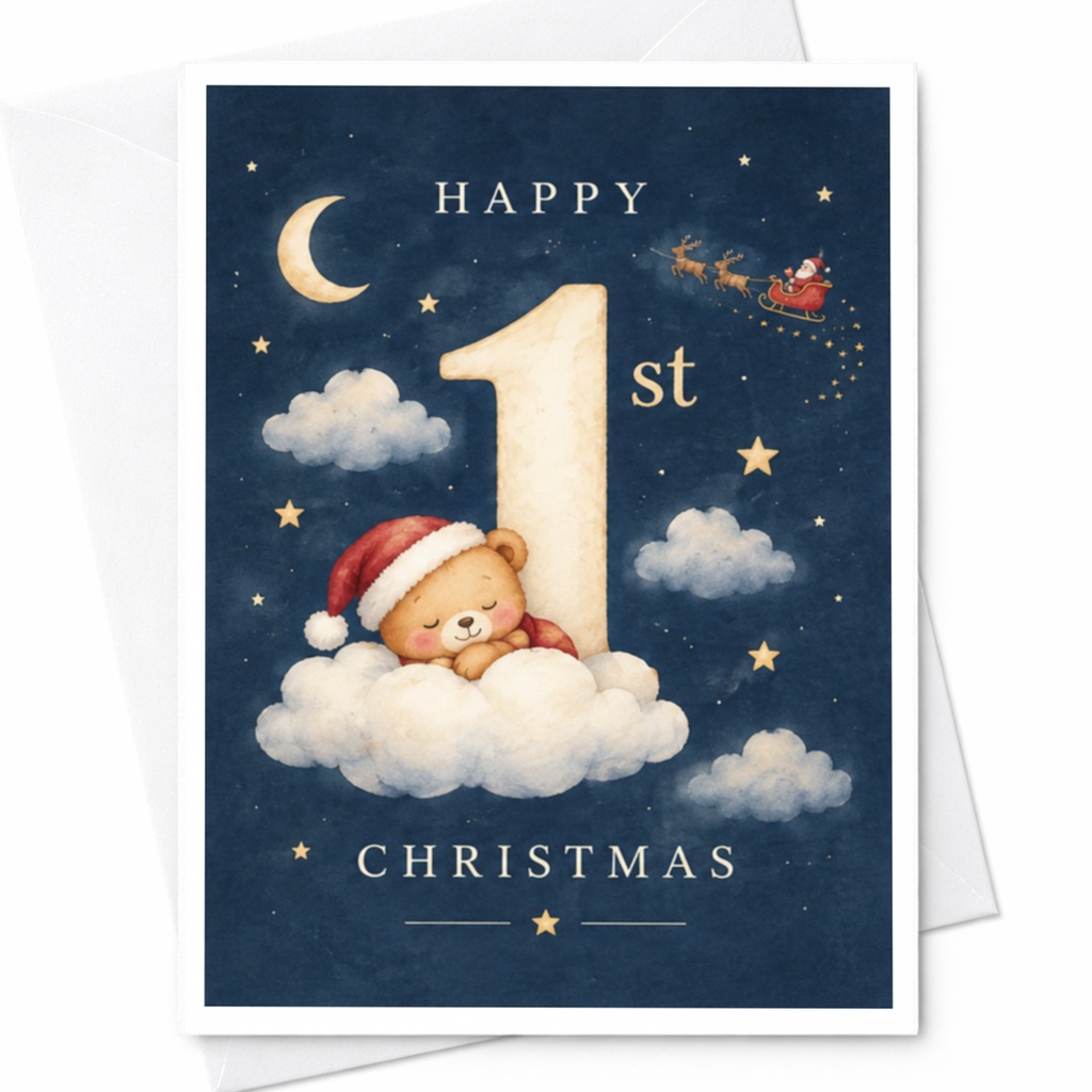 Happy 1st Christmas Cute Bear Card Baby's First Christmas Greeting Card Adorable Santa Hat Cloud For New Parents C8605