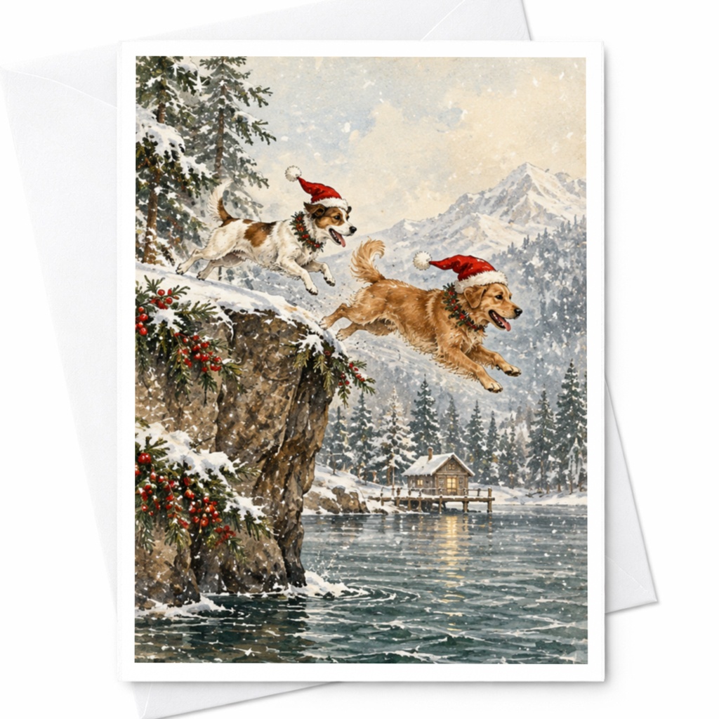 Dogs In Santa Hats Christmas Card Cute Holiday Greeting Card Winter Scene For Dog Lover Festive Animal Card Snowy Landscape C8606