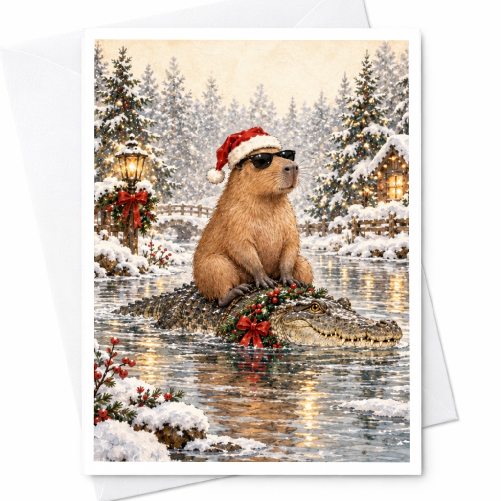 Capybara Christmas Card Cute Animal Holiday Greeting Card Winter Scene For Animal Lover Funny Santa Hat Card C8608