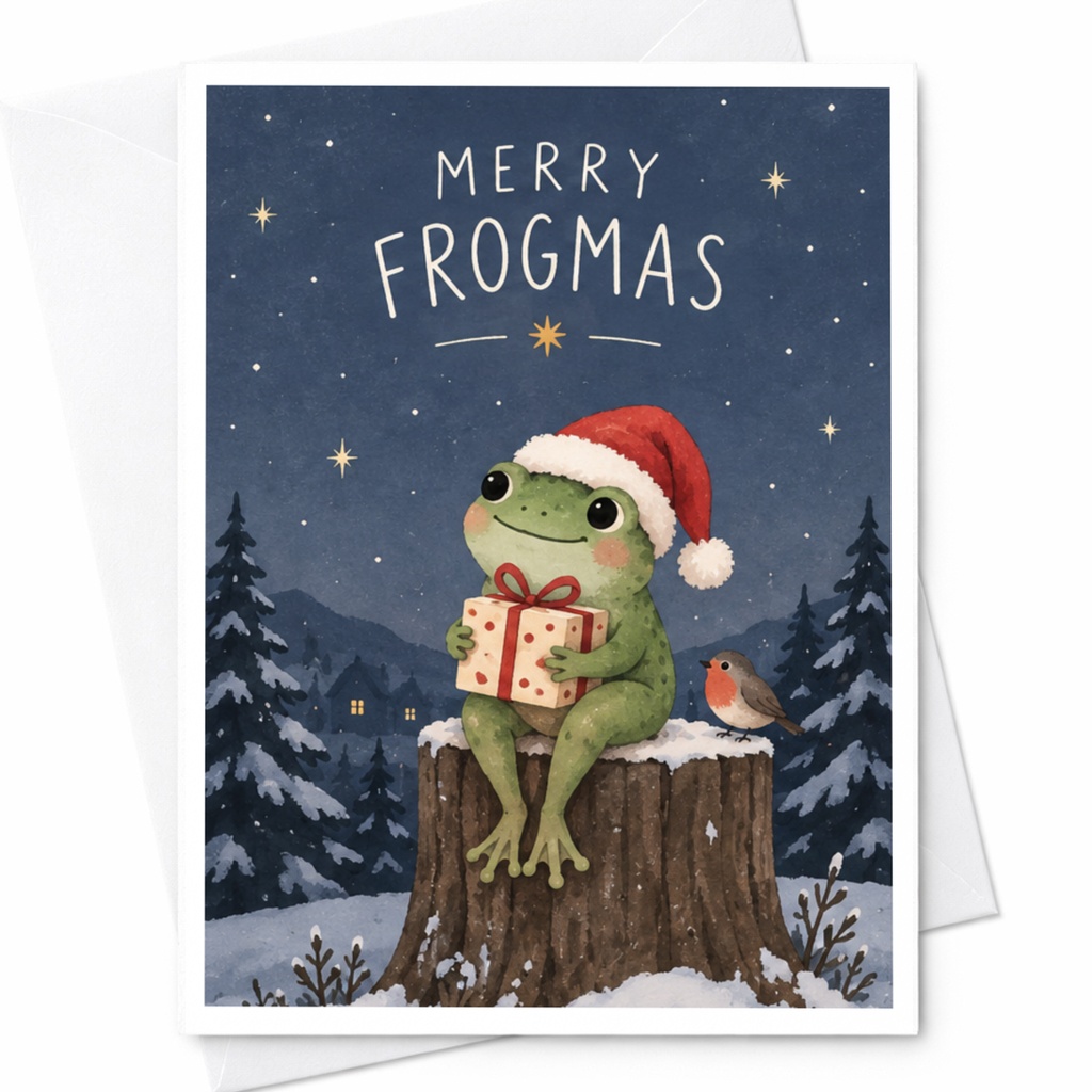 Merry Frogmas Cute Christmas Card Frog With Gift Santa Hat Holiday Greeting Card For Animal Lover Festive Winter Scene C8613