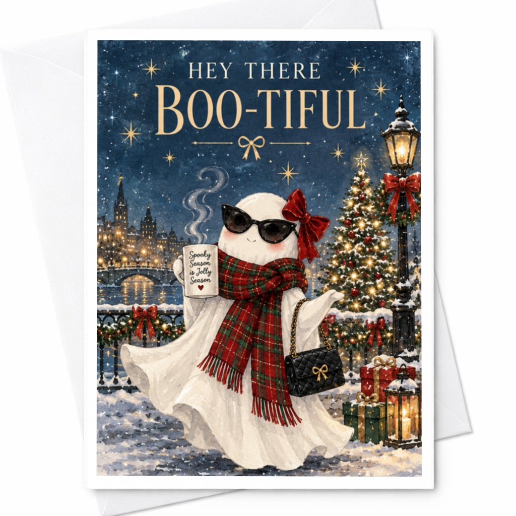 Hey There Boo-Tiful Christmas Card Cute Ghost Holiday Greeting Card Festive Winter Scene For Friend Funny Xmas Card C8617