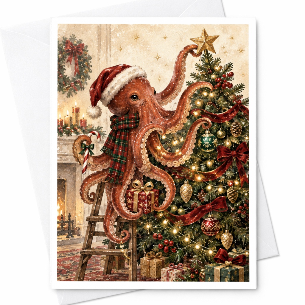Octopus Decorating Christmas Tree Card Cute Holiday Greeting Card For Ocean Lover Festive Animal Christmas Card C8622