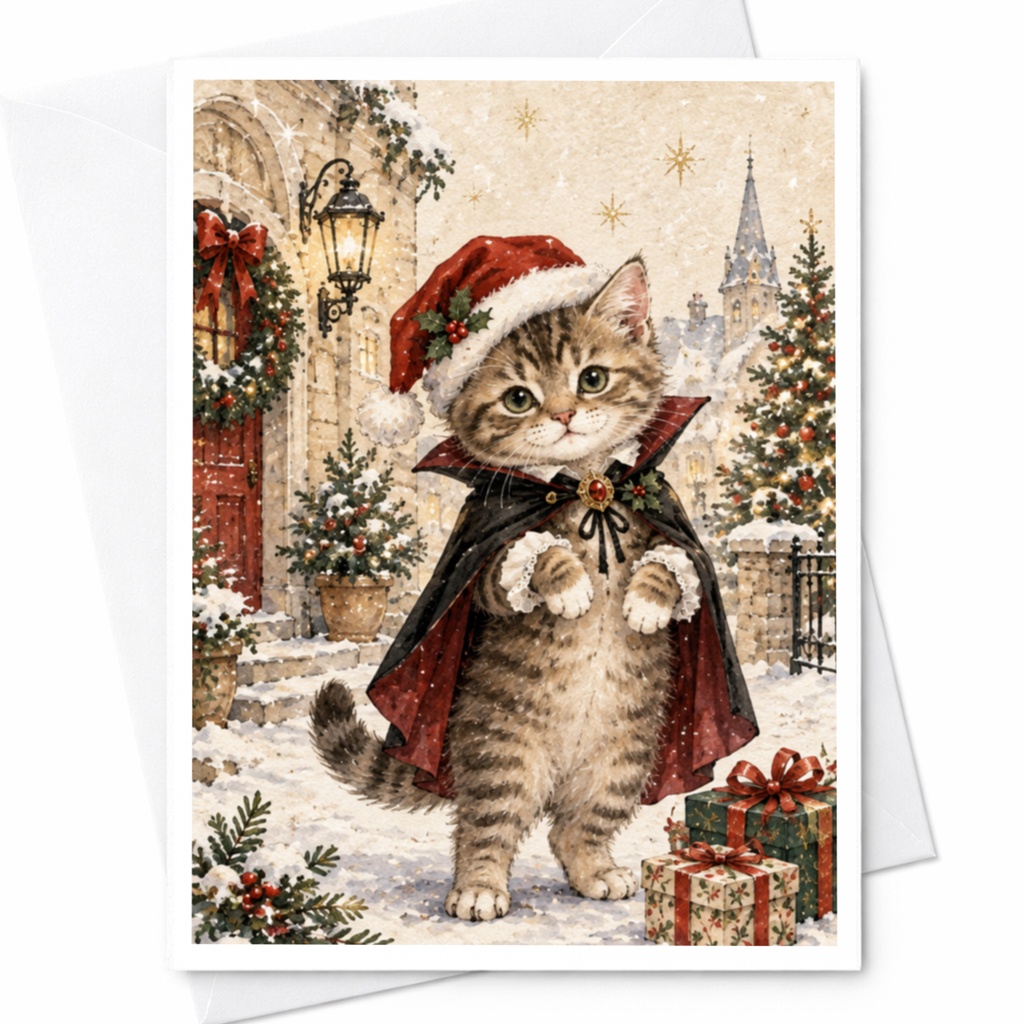 Cat In Santa Hat Christmas Card Cute Holiday Greeting Card For Cat Lover Festive Animal Card With Presents And Snow C8626
