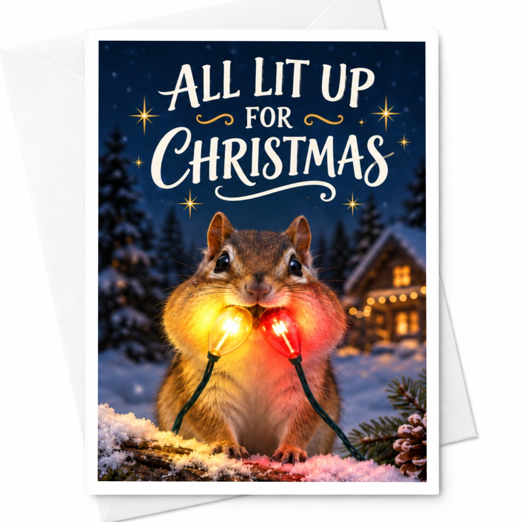 All Lit Up For Christmas Funny Christmas Card Cute Chipmunk Holiday Greeting Card Animal Lover Festive Lights Card C8633