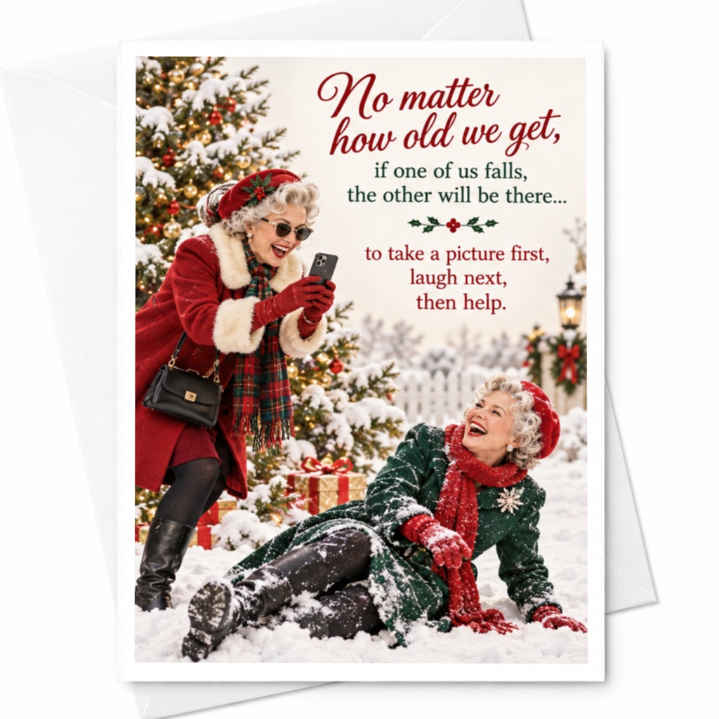 No Matter How Old We Get Funny Christmas Card For Friend Holiday Festive Greeting Card Cute Winter Scene C8634