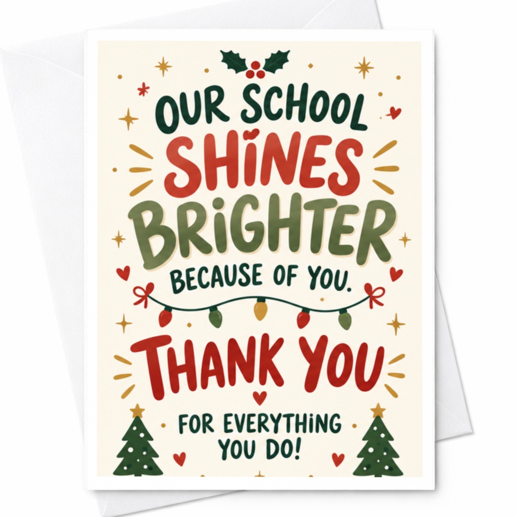 Our School Shines Brighter Because Of You Thank You Card Teacher Appreciation Holiday Theme Christmas Card C8636