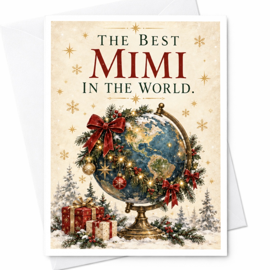 The Best Mimi In The World Christmas Card Holiday Greeting Card For Grandma Festive Globe With Gifts And Ornaments C8640