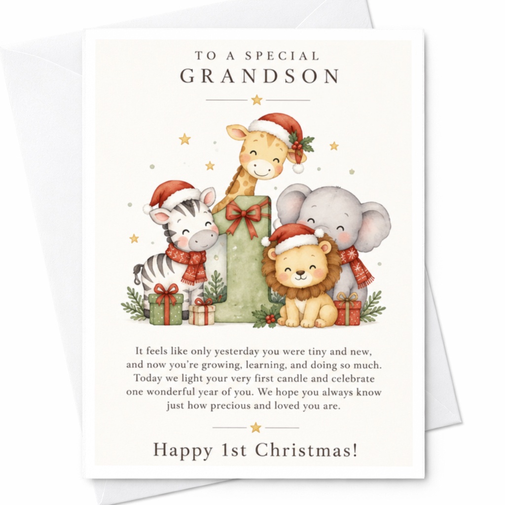 To A Special Grandson Happy 1st Christmas! Cute Animal Christmas Card For Grandson First Christmas Card With Gifts C8642