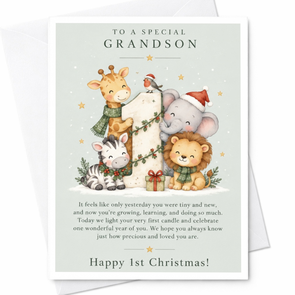 To A Special Grandson Happy 1st Christmas! Cute Animal Card Grandson's First Christmas Card Baby's 1st Christmas Celebration C8643