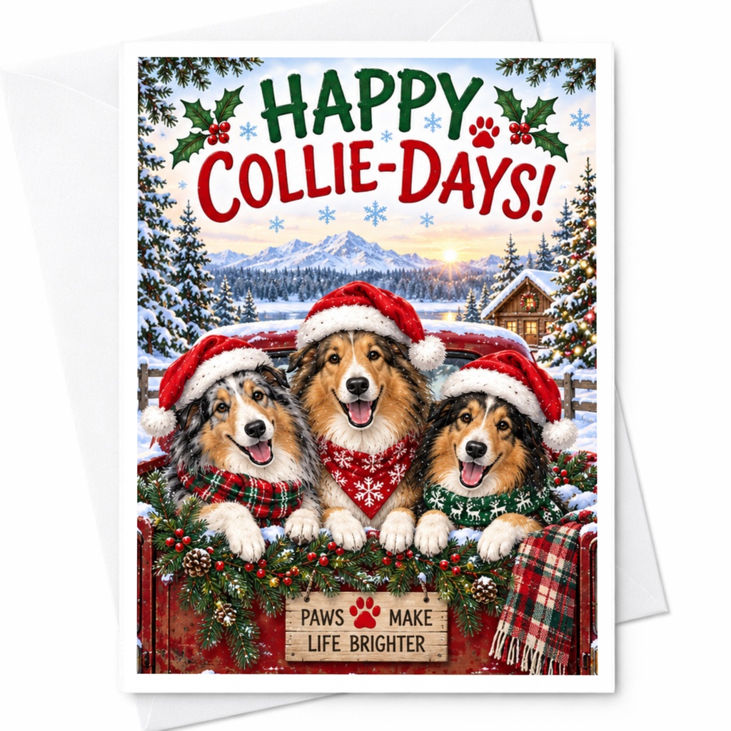Happy Collie-Days! Christmas Card Cute Dog Lover Holiday Greeting Card Paws Make Life Brighter Festive Collie Card C8651