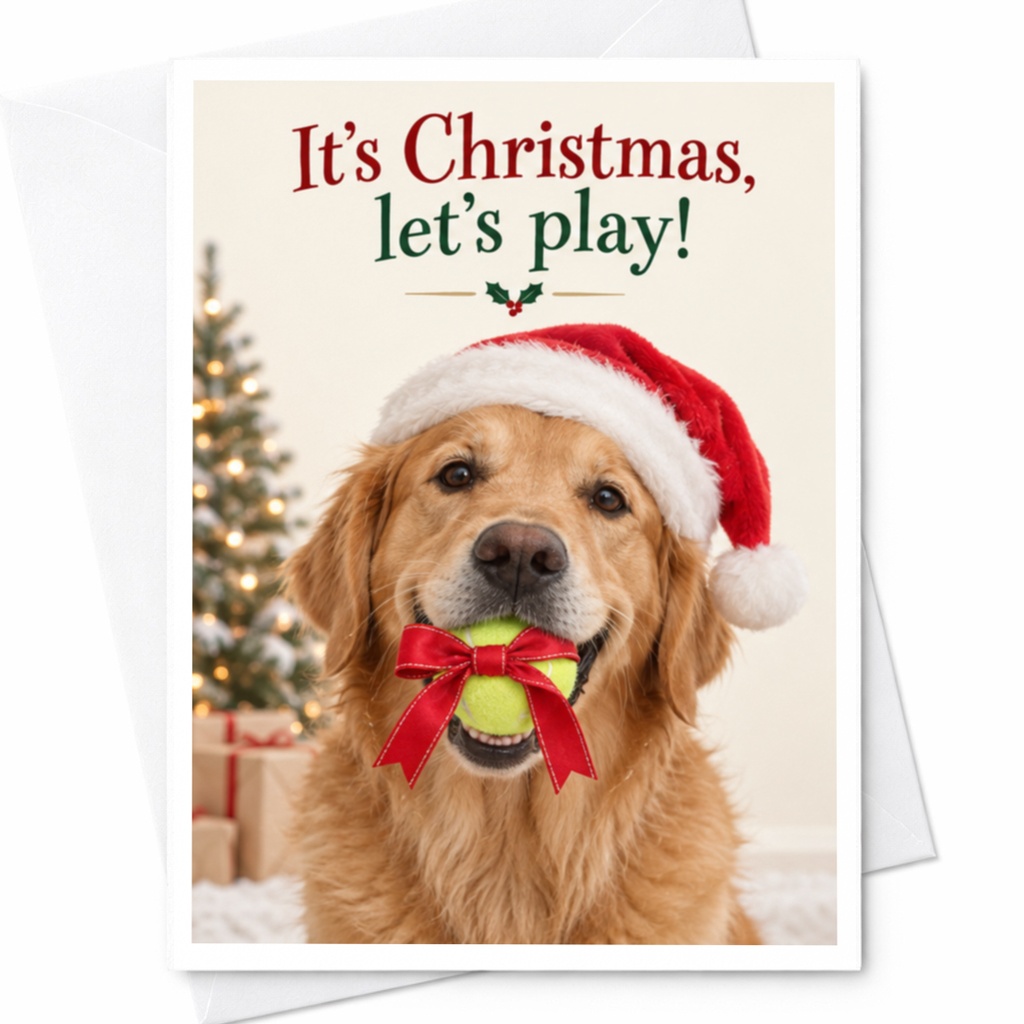 It's Christmas, Let's Play! Cute Dog Christmas Card With Santa Hat Festive Holiday Greeting Card For Dog Lovers C8654