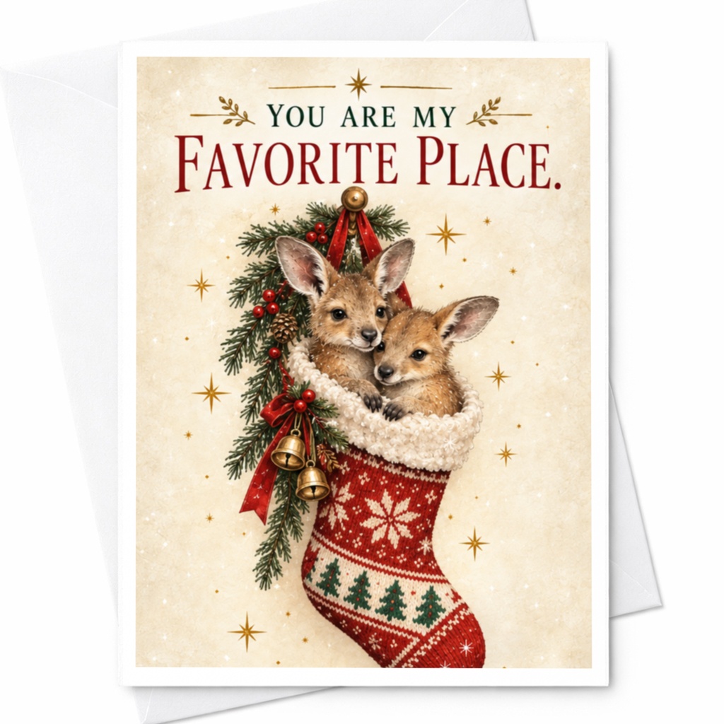 You Are My Favorite Place. Christmas Card Cute Kangaroo Stocking Holiday Greeting Card For Loved One Romantic Festive Card C8660