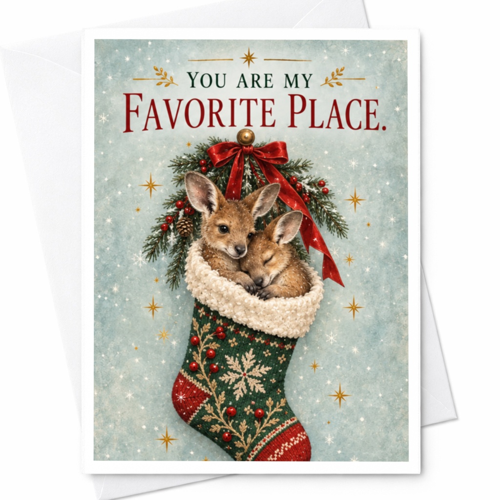 You Are My Favorite Place Christmas Card Cute Kangaroo Stocking Holiday Greeting Card For Loved One Romantic Animal Card C8661