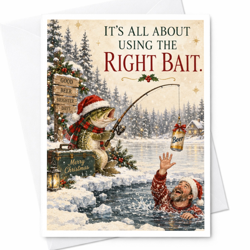 It's All About Using The Right Bait Christmas Card Funny Fishing Holiday Card For Him Beer Lover Xmas Card C8664