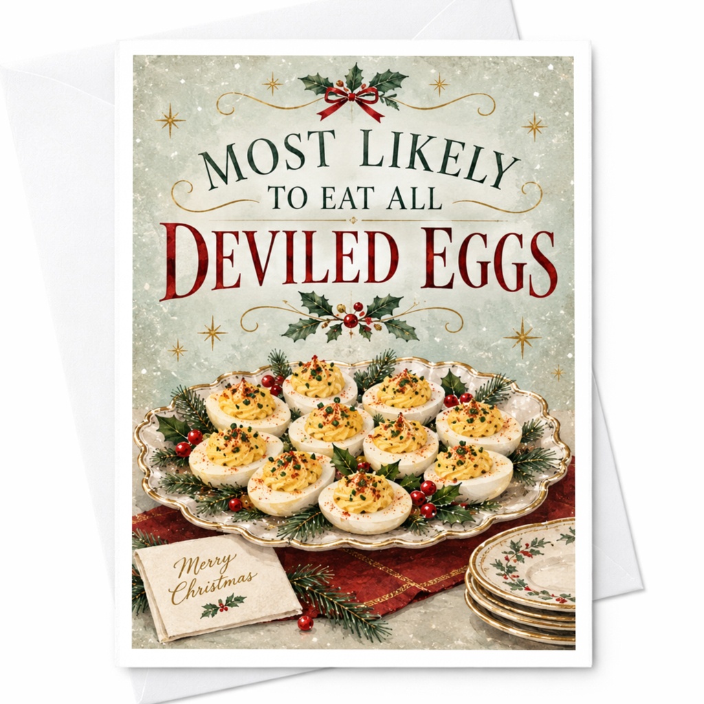 Most Likely To Eat All Deviled Eggs Funny Christmas Card Holiday Greeting Card For Food Lover Festive Card C8667