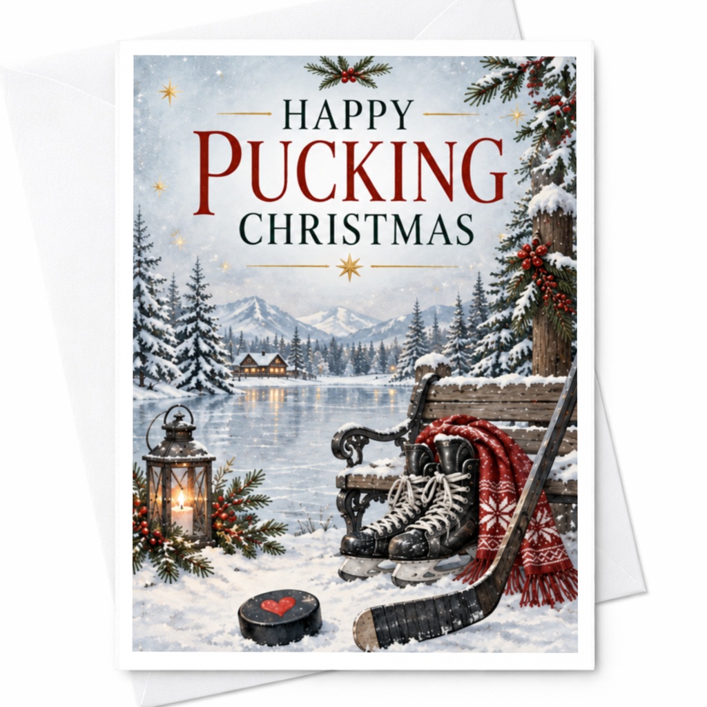 Happy Pucking Christmas Funny Hockey Christmas Card Winter Sports Holiday Card For Him Ice Skating Lover Festive Greeting C8671