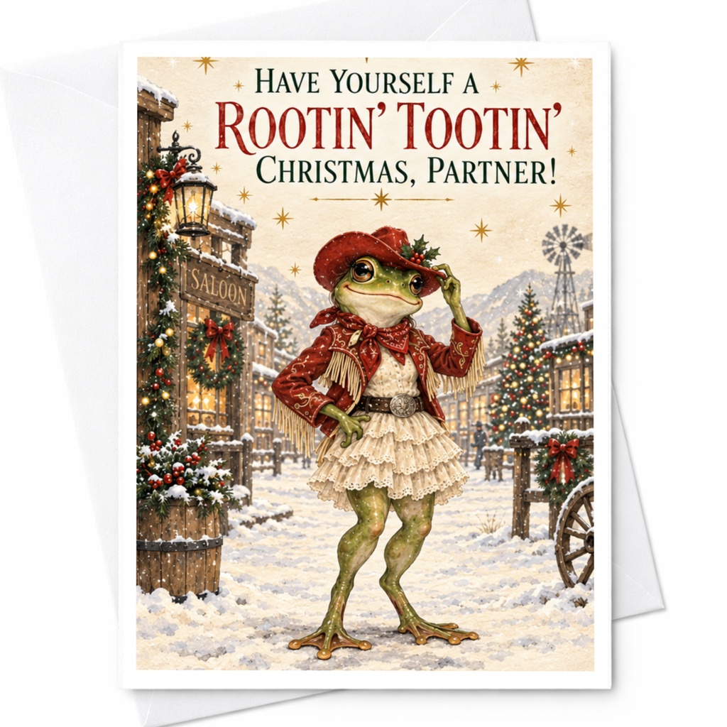 Have Yourself A Rootin' Tootin' Christmas, Partner! Funny Christmas Card Frog In Western Attire Holiday Greeting Card For Cowboy C8674